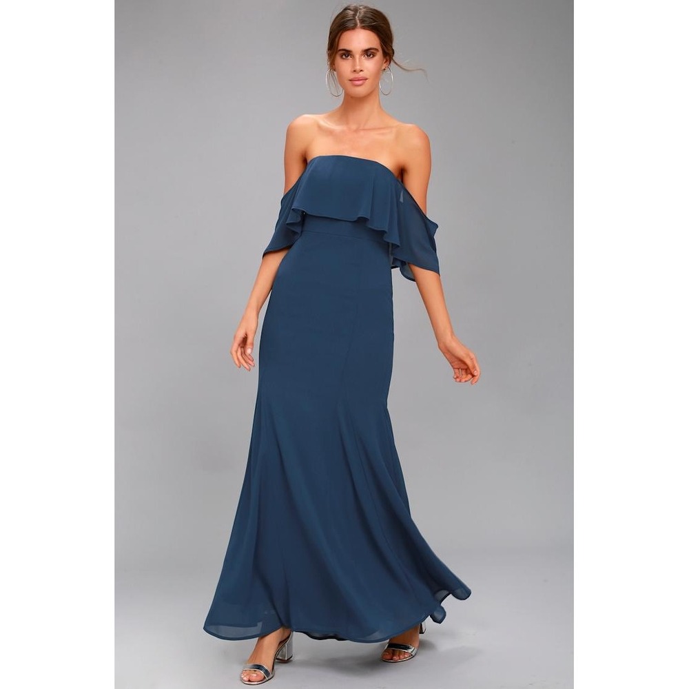 Lulus All My Heart‎ Navy Blue Maxi Dress Off Shoulder Ruffle Gown D16048 S